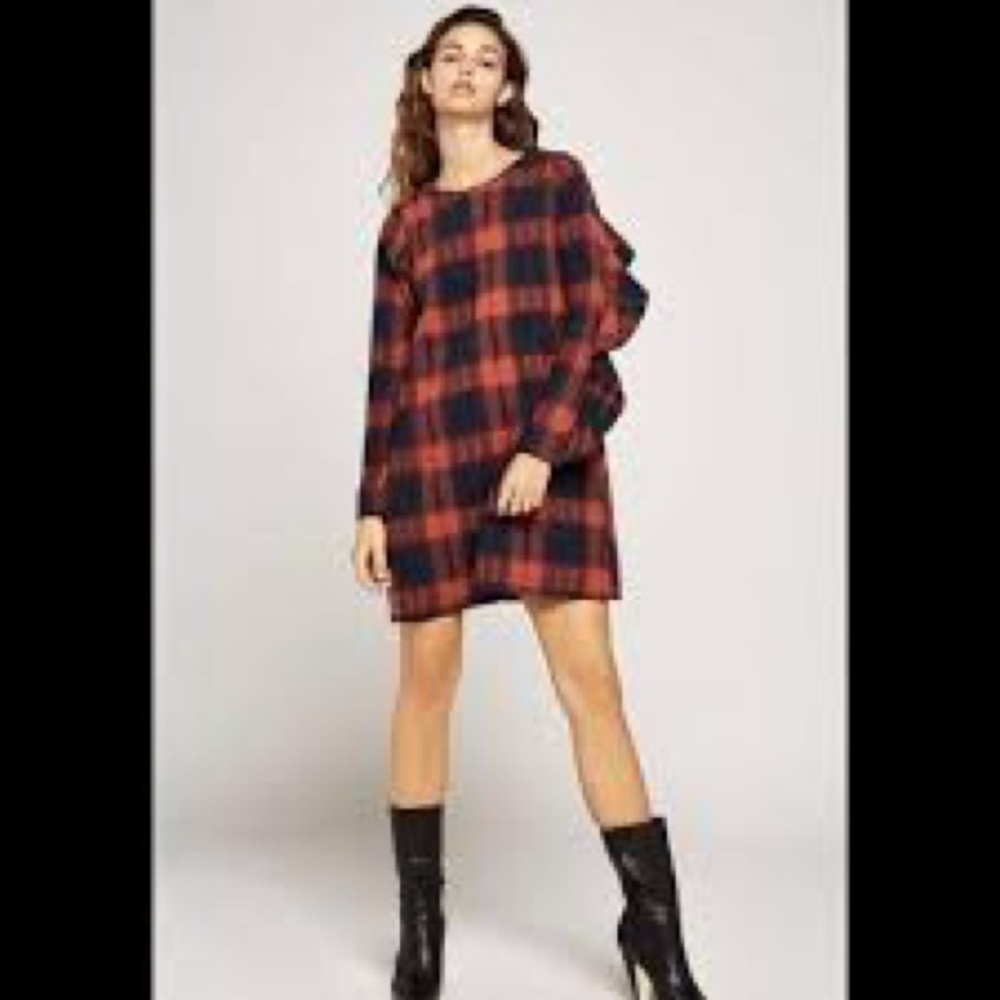 BCBGeneration Red and Black Checkered Long Sleeve Ruffle detail Dress Large